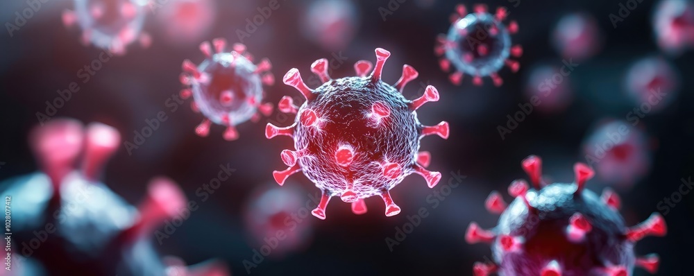 Close-up of virus cells with detailed structure on a dark background. Close-up of virus cells with detailed structure on a dark background.
