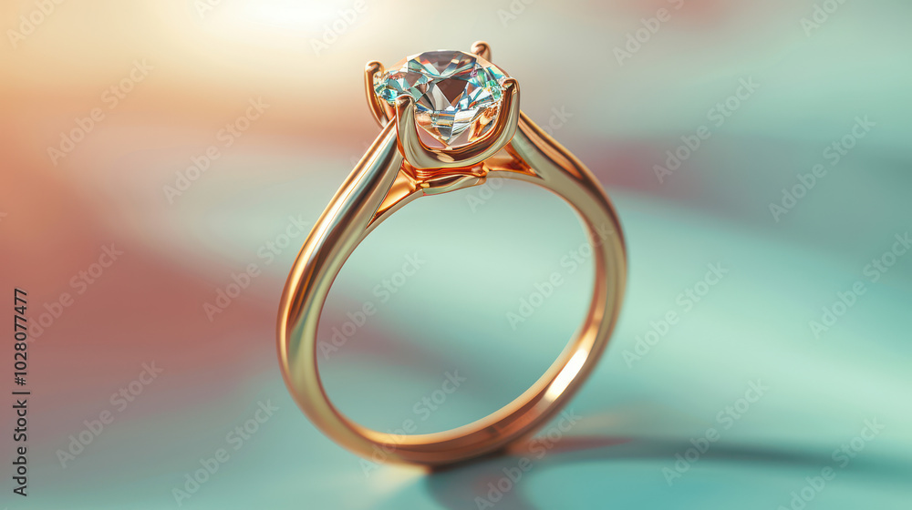 Radiant Rose Gold Diamond Ring: A captivating image showcasing a stunning solitaire diamond ring in rose gold, elegantly presented against a soft, teal backdrop. Radiant Rose Gold Diamond Ring: A captivating image showcasing a stunning solitaire diamond ring in rose gold, elegantly presented against a soft, teal backdrop.