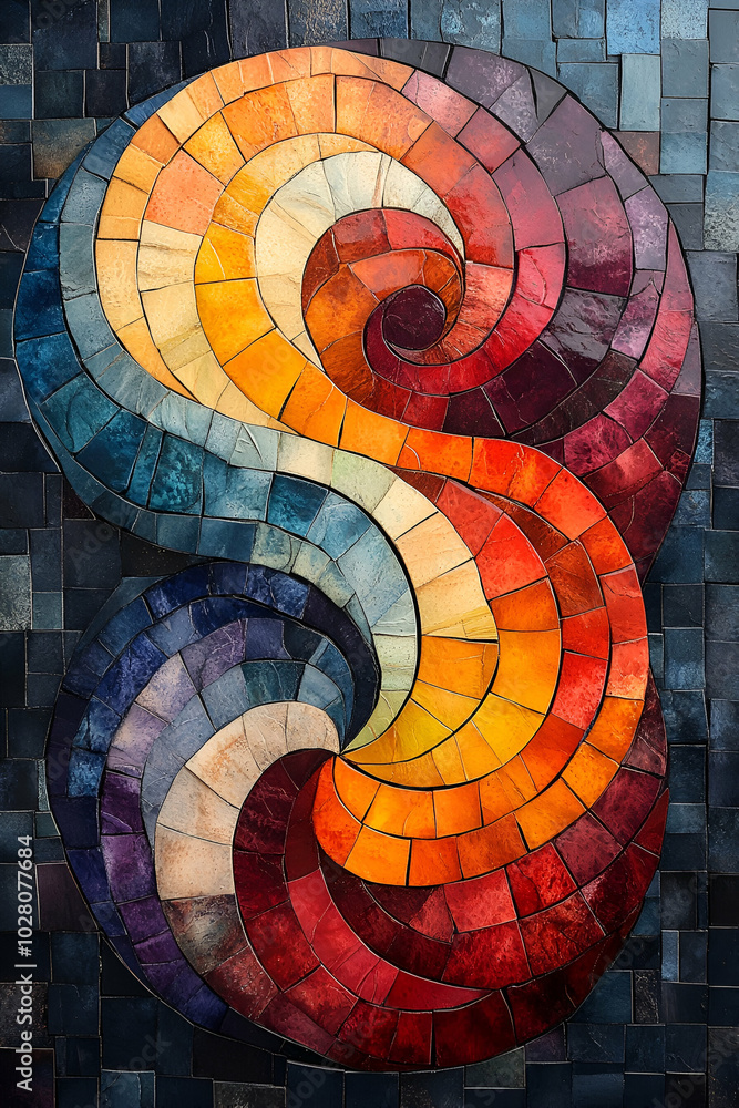 Fototapeta premium A colorful mosaic of a spiral with the letter S in the middle. The colors are red, yellow, blue, and green