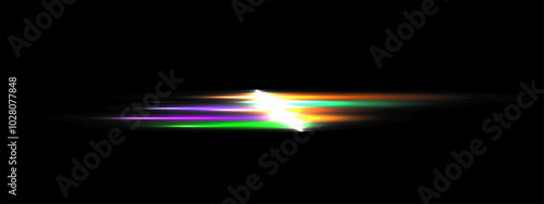 Rainbow glare and light rays on black background, Glowing parallel  Laser beam , Purple green orange overlay eps