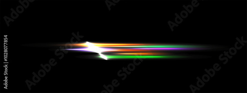 Rainbow Laser beam on black background, Purple green orange glare Halloween Glowing parallel light rays,  Spooky divider overlay eps