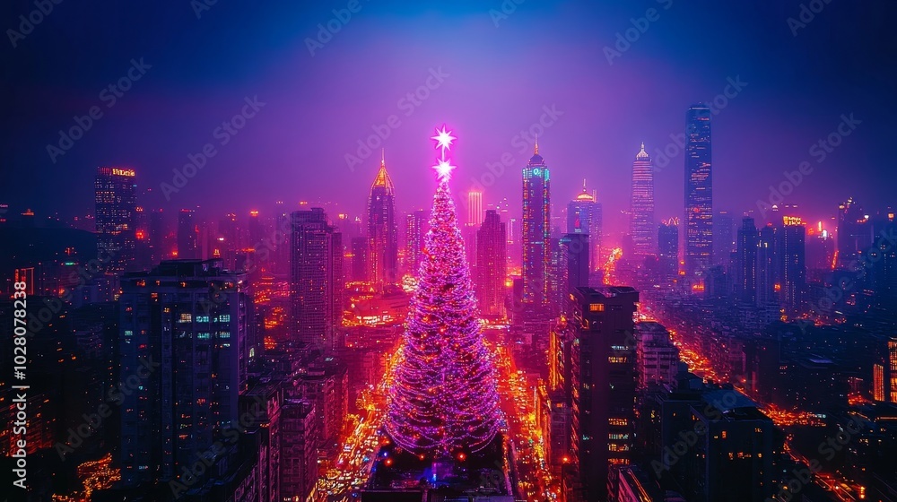 A neon Christmas tree on a rooftop in a futuristic city, surrounded by tall skyscrapers with glowing windows under a dark sky A neon Christmas tree on a rooftop in a futuristic city, surrounded by tall skyscrapers with glowing windows under a dark sky