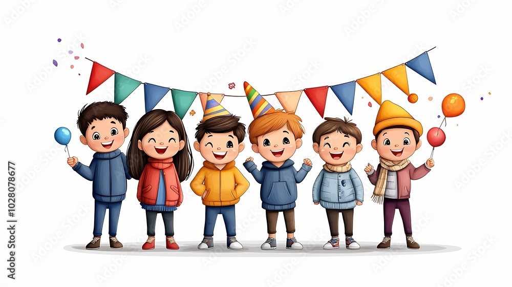 Fototapeta premium Emotional Birthday Scene Cheerful Group of Children Celebrating Birthday with Colorful Decorations