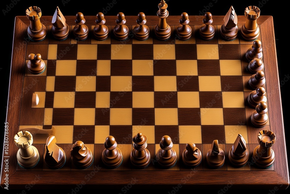 A chessboard showing the Vienna Game opening, with knights and bishops developed early, preparing for aggressive pawn breaks and attacks A chessboard showing the Vienna Game opening, with knights and bishops developed early, preparing for aggressive pawn breaks and attacks