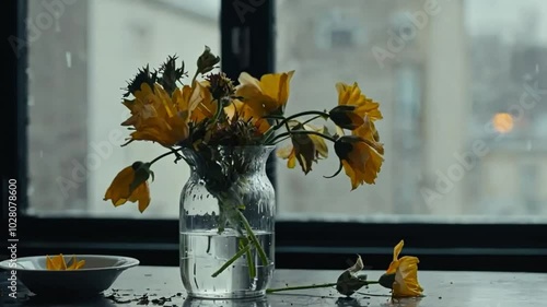 wilted and fallen flowers on the table, their stems still in a glass vase filled with water, with a sombre atmosphere