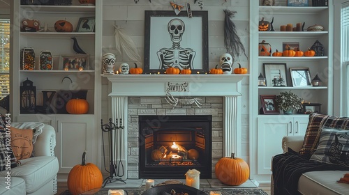 A decorated fireplace with pumpkins, candles, and a skeleton picture for a spooky Halloween feel.