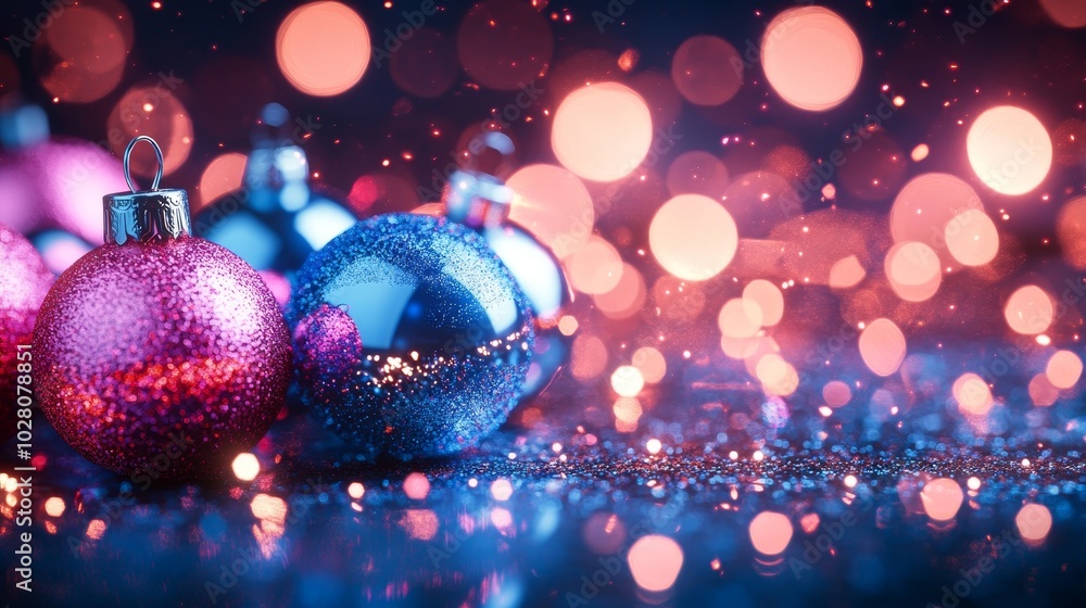 Close-up of neon blue and pink holiday baubles on shiny chrome background, glowing with holographic lights, cyberpunk style, digital art, soft reflections Close-up of neon blue and pink holiday baubles on shiny chrome background, glowing with holographic lights, cyberpunk style, digital art, soft reflections
