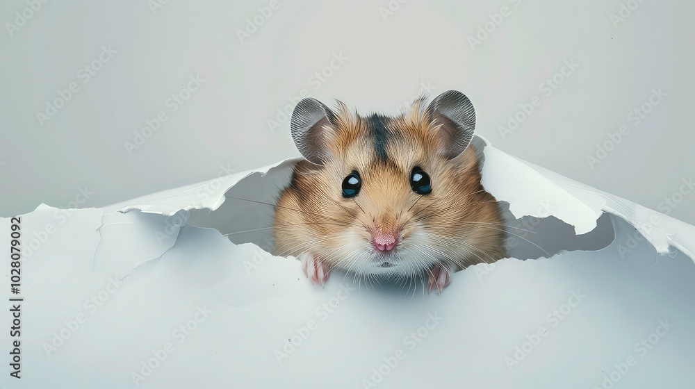 A close-up portrait of a hamster with brown fur peeking through a torn piece of white paper. A close-up portrait of a hamster with brown fur peeking through a torn piece of white paper.