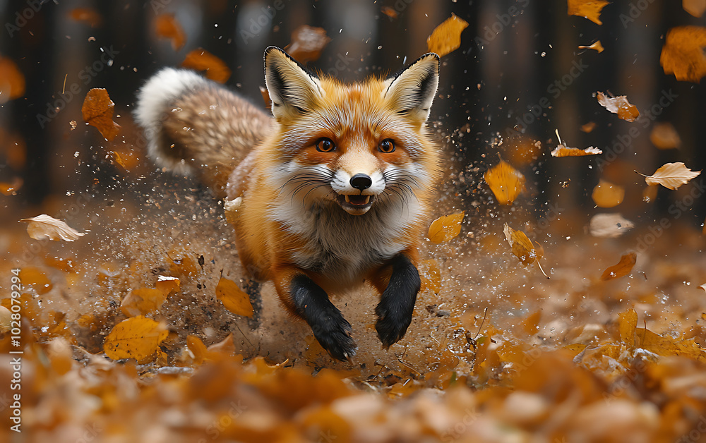 Obraz premium Autumn Leap: Red Fox in Motion Amidst Forest Beauty