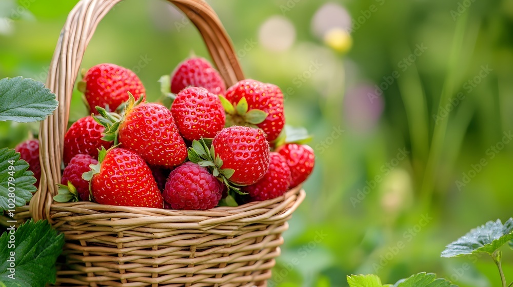 A wicker basket overflowing with ripe red strawberries and raspberries A wicker basket overflowing with ripe red strawberries and raspberries