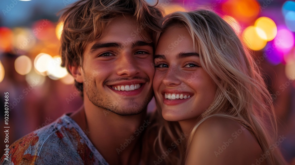 A young couple smiles at the camera, enjoying a night out at a festival or fair. A young couple smiles at the camera, enjoying a night out at a festival or fair.