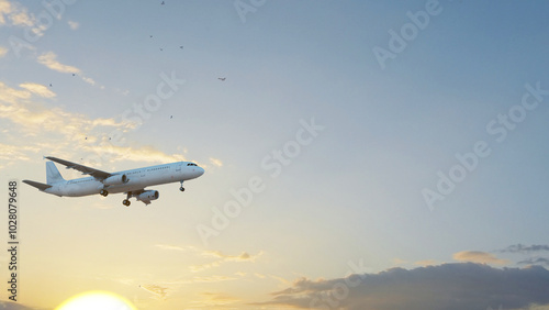ULTRA HD. Airplane flies in blue sky. Travel. Airplane takes off against the background of blue sky.	
