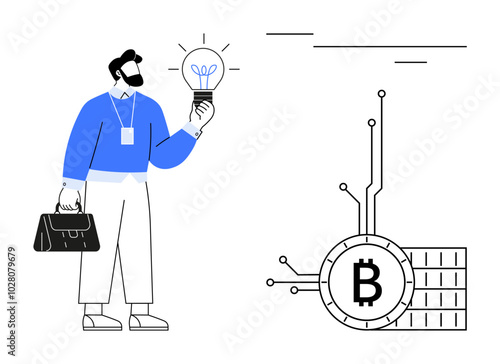 A businessman holding a lightbulb with a Bitcoin symbol nearby. The themes include cryptocurrency, innovation, business ideas, technology, and modern finance. Ideal for blockchain, digital currency