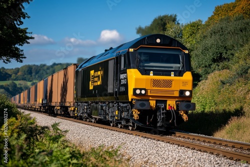 A powerful locomotive pulling a line of freight wagons, rumbling through a countryside landscape, with the rhythmic clatter of steel wheels on the tracks photo