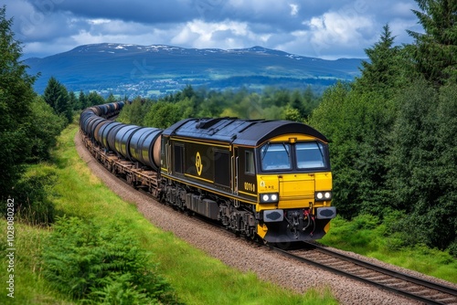A powerful locomotive pulling a line of freight wagons, rumbling through a countryside landscape, with the rhythmic clatter of steel wheels on the tracks