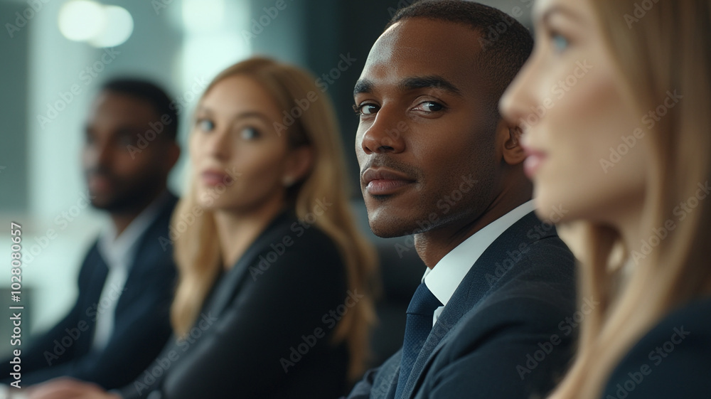 Diverse professionals engaged in a business meeting at a modern office setting Diverse professionals engaged in a business meeting at a modern office setting