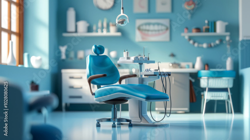 Modern dental clinic interior with blue dental chair and equipment photo