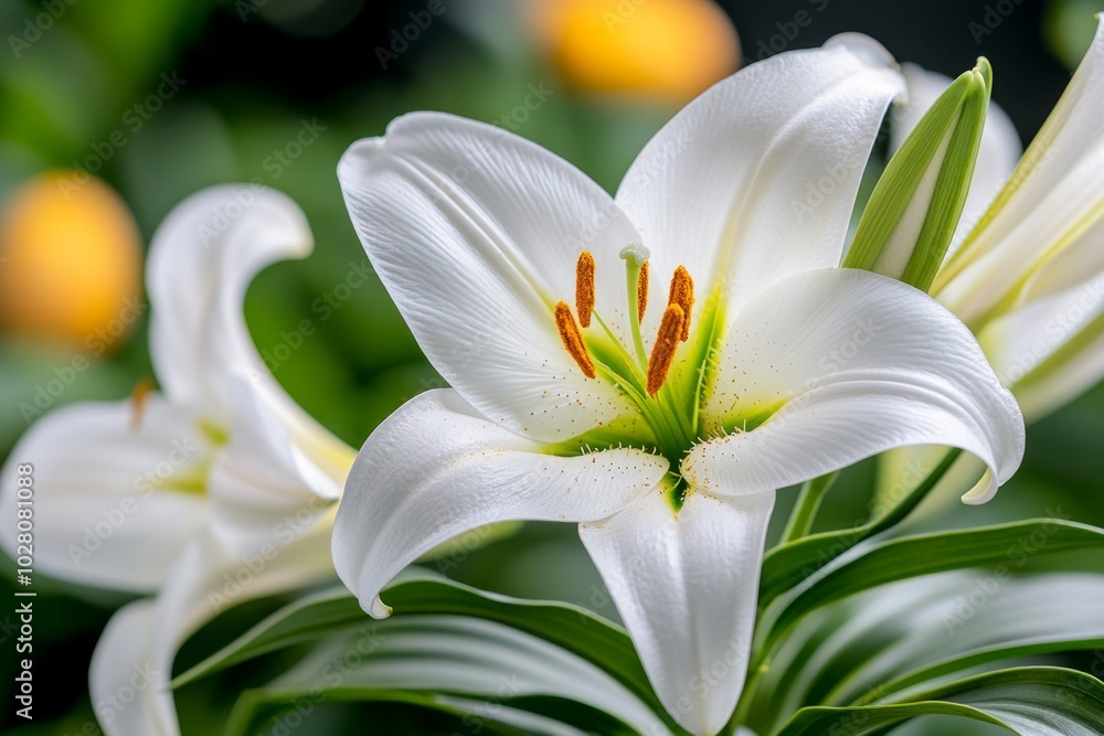 Fototapeta premium Close-up of Easter lilies in full bloom, with the delicate petals and vibrant colors captured in stunning detail, representing the beauty and symbolism of Easter