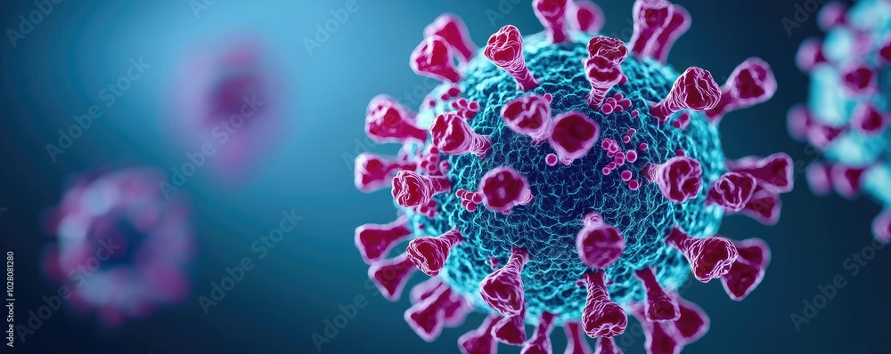 Detailed illustration of a virus structure on a blue background. Detailed illustration of a virus structure on a blue background.