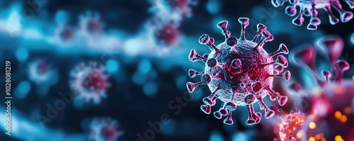 Colorful virus particles on a dark background, digital representation of infection.