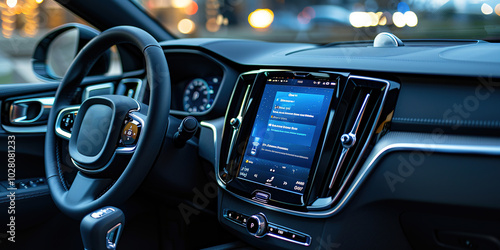 Sleek car dashboard featuring a large touchscreen infotainment system displaying navigation and music controls. luxury, interior, design, user, interface, opy space for text or branding