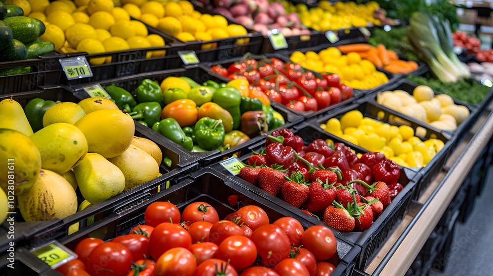 Fresh Produce Displayed in Black Bins at a Grocery Store Fresh Produce Displayed in Black Bins at a Grocery Store