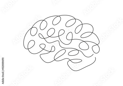 Continuous one line drawing of human brain. Isolated on white background vector illustration