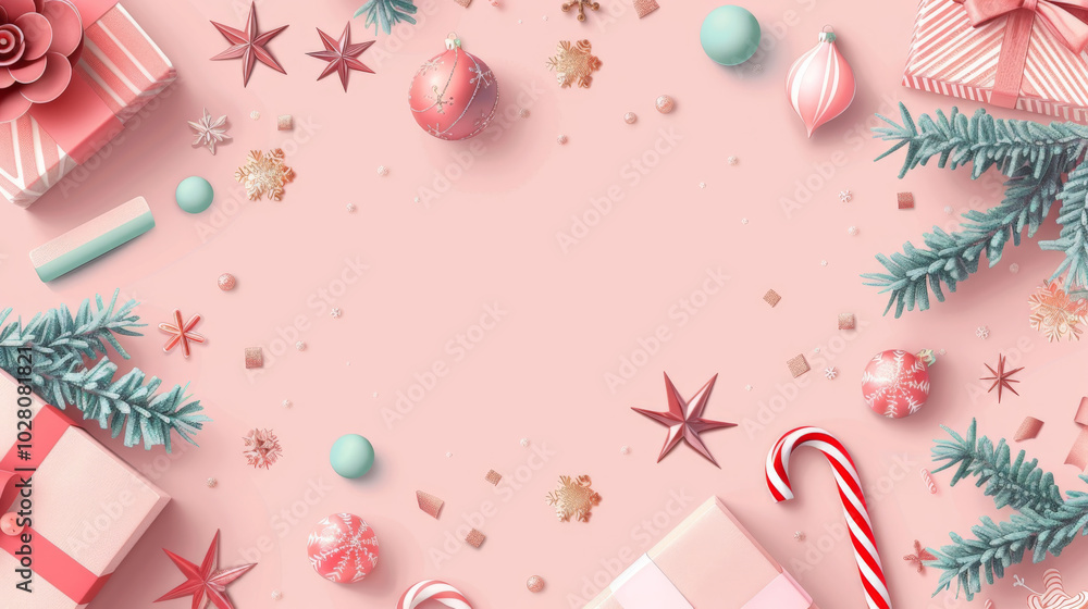 Festive christmas background with decorations and candy cane for holiday design Festive christmas background with decorations and candy cane for holiday design
