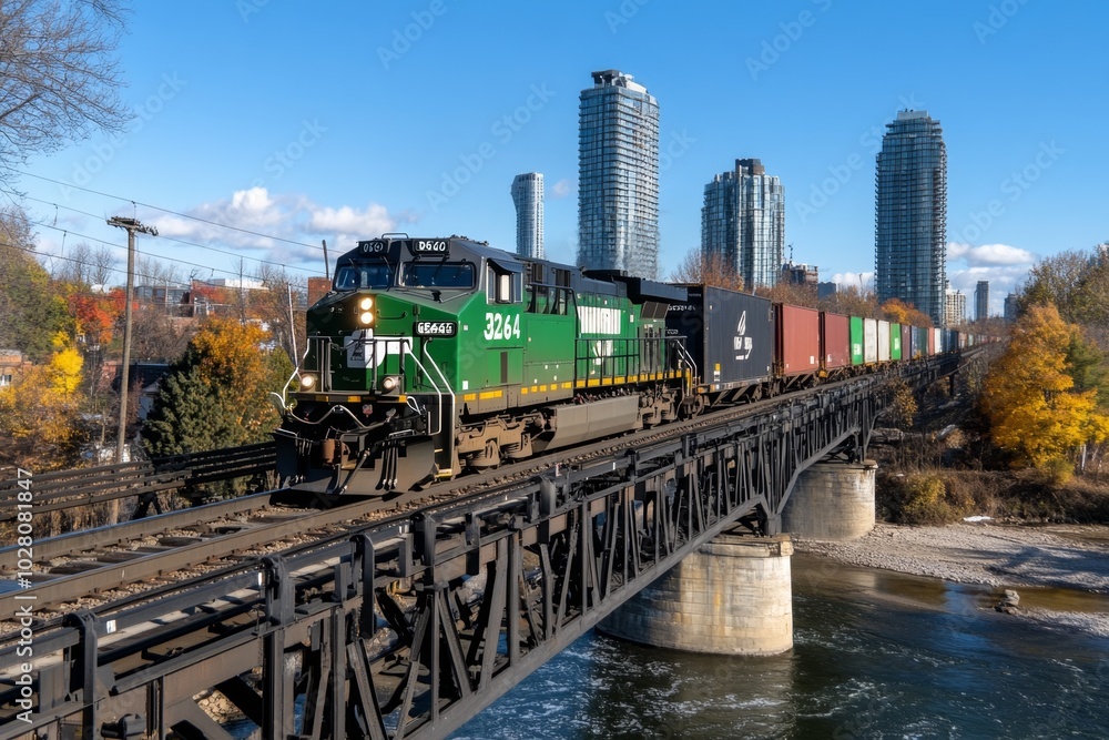 Naklejka premium Freight train carrying cargo wagons over a bridge, with a river below and the industrial feel of heavy machinery in motion