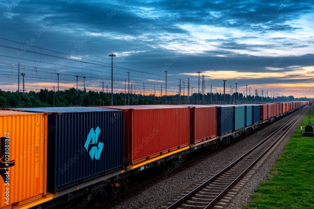 Freight wagons lined up in a rail yard, loaded with cargo, ready to be transported across the country, showcasing the scale of modern logistics Freight wagons lined up in a rail yard, loaded with cargo, ready to be transported across the country, showcasing the scale of modern logistics