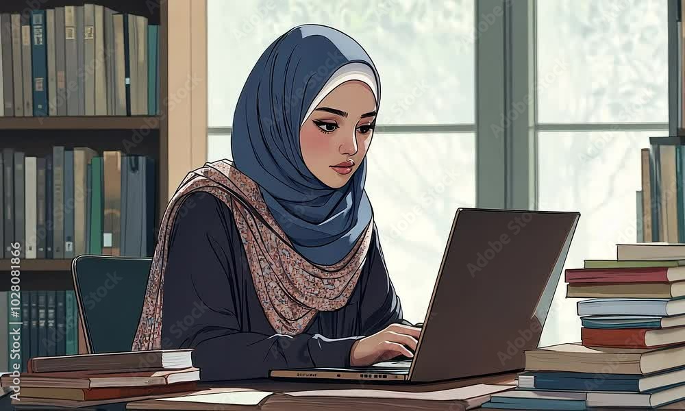 Woman working on laptop in library setting illustration cartoon with ai generated.
Woman working on laptop in library setting illustration cartoon with ai generated.