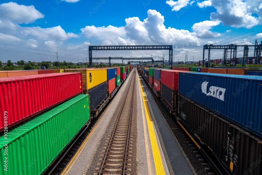 Freight wagons lined up in a rail yard, loaded with cargo, ready to be transported across the country, showcasing the scale of modern logistics Freight wagons lined up in a rail yard, loaded with cargo, ready to be transported across the country, showcasing the scale of modern logistics