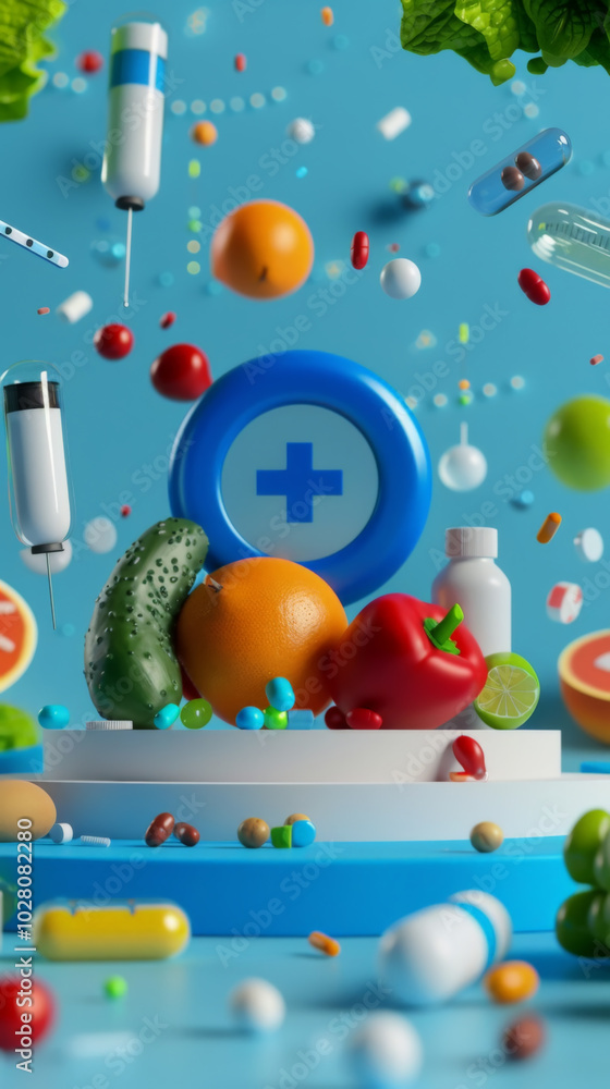 Naklejka premium Healthcare symbols amidst fresh produce and medications: a conceptual representation of health and nutrition