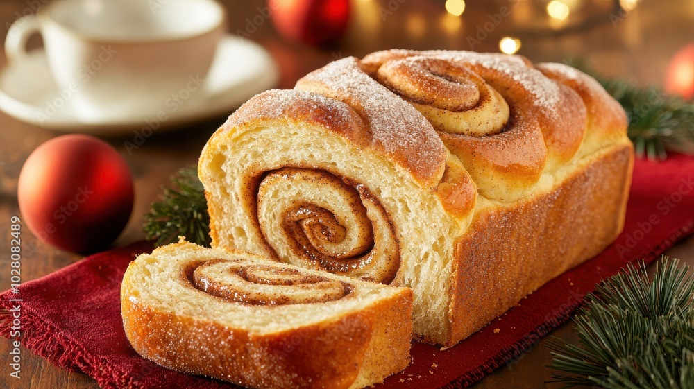 Freshly baked cinnamon roll loaf on a festive table. Freshly baked cinnamon roll loaf on a festive table.