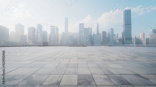 An empty rooftop overlooking a modern cityscape, with a large expanse of concrete paving and a misty skyline in the background.