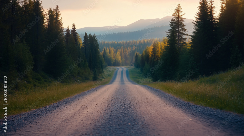 A serene road stretches through lush forest, surrounded by tall trees and distant mountains, evoking sense of adventure and tranquility. A serene road stretches through lush forest, surrounded by tall trees and distant mountains, evoking sense of adventure and tranquility.