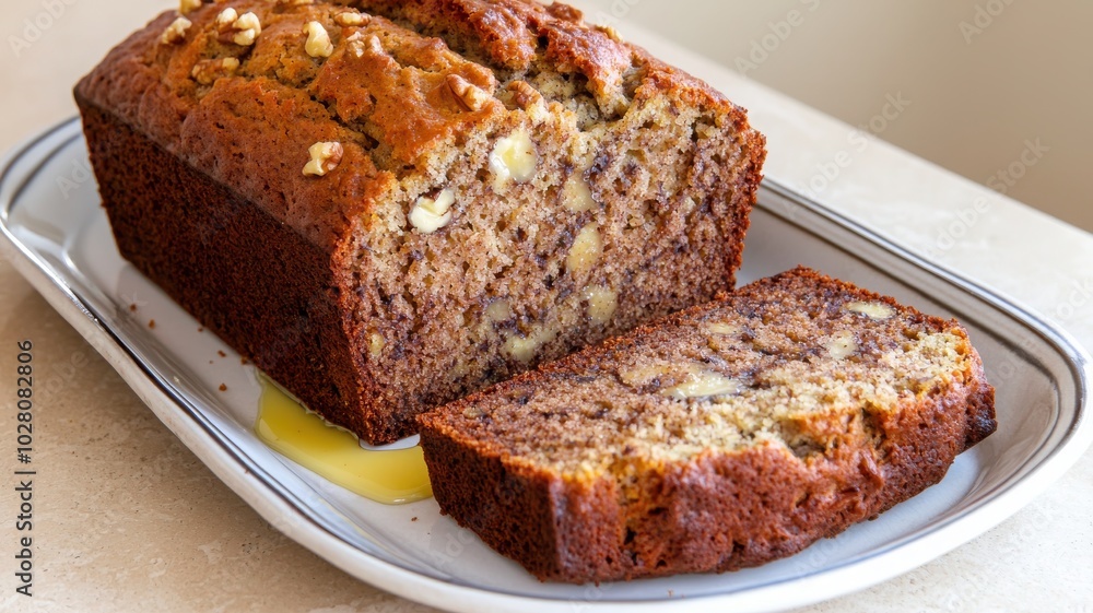 Freshly baked banana bread sliced on a plate Freshly baked banana bread sliced on a plate