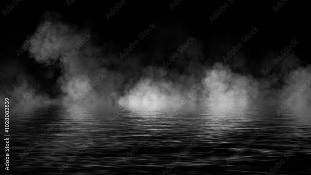 Fototapeta premium Mystery coastal fog . Smoke on the shore . Reflection in water. Texture overlays background. Stock illustration. Design element.