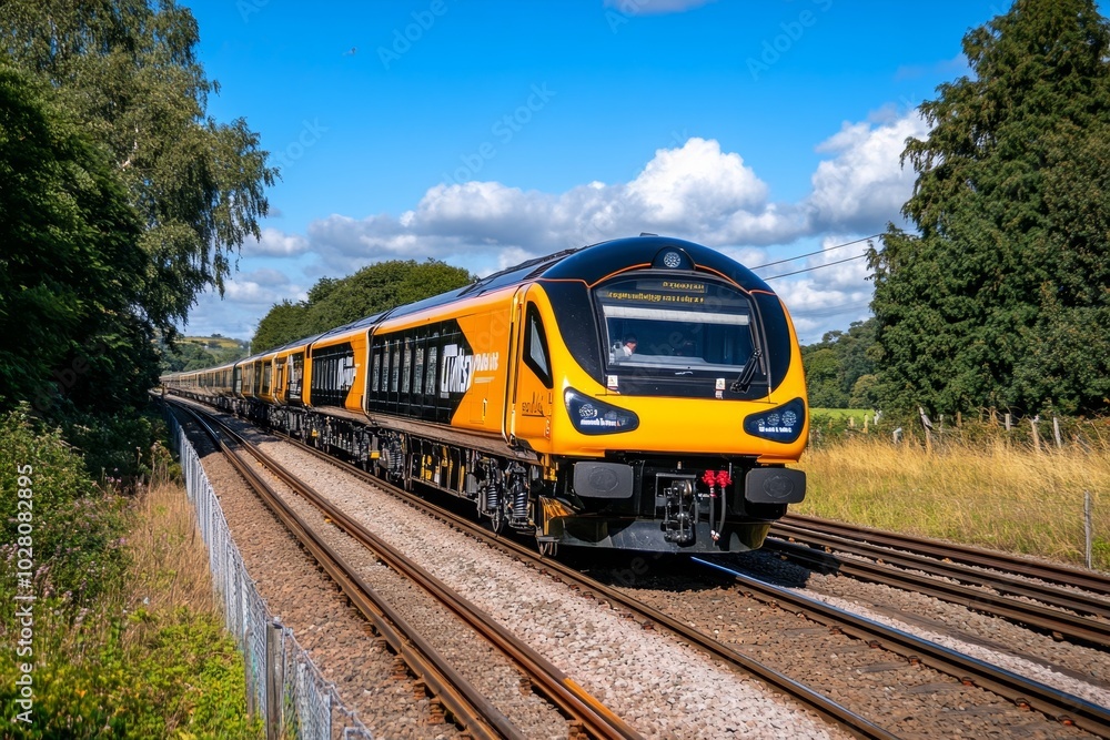 Passenger train speeding along the rails, with blurred motion capturing the train's speed and power as it glides through the countryside Passenger train speeding along the rails, with blurred motion capturing the train's speed and power as it glides through the countryside