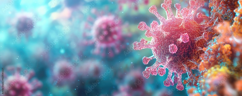 Detailed view of virus particles under a microscope, vibrant colors, blue background. Detailed view of virus particles under a microscope, vibrant colors, blue background.