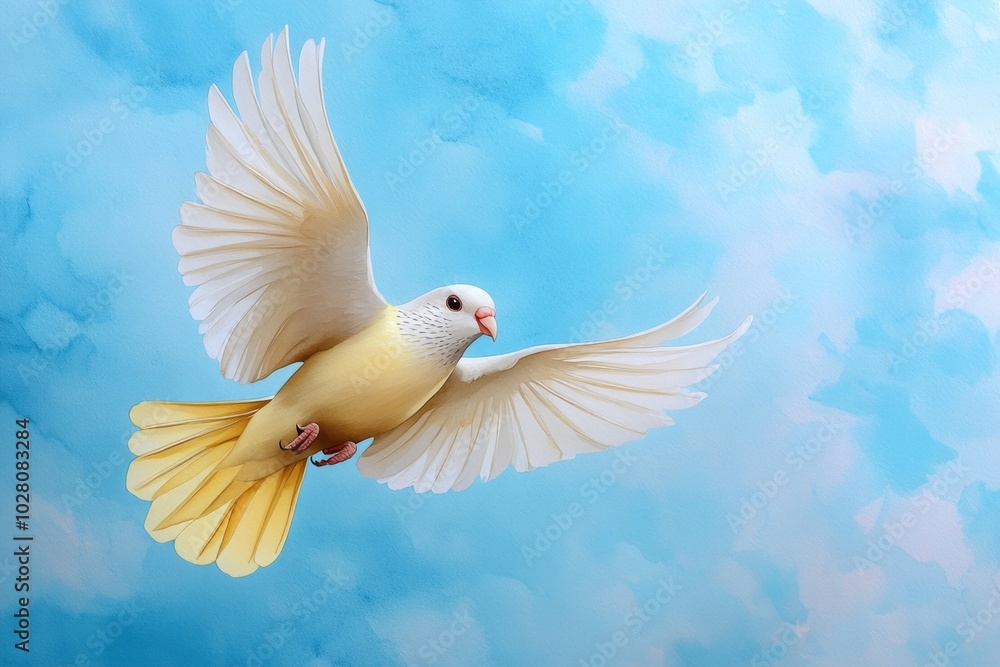 Watercolor illustration of a yellow bird flying through a pale blue sky, with soft, dreamy colors blending together to create a sense of freedom and lightness Watercolor illustration of a yellow bird flying through a pale blue sky, with soft, dreamy colors blending together to create a sense of freedom and lightness