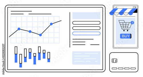 Digital dashboard with line and bar graphs. Mobile shopping app screen with cart and buy button. Credit card indicated. Ideal for e-commerce, data analysis, financial technology, online marketing