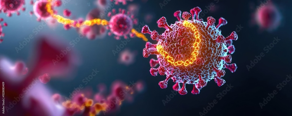 Close-up view of a virus with intricate details, vibrant colors on a dark background Close-up view of a virus with intricate details, vibrant colors on a dark background