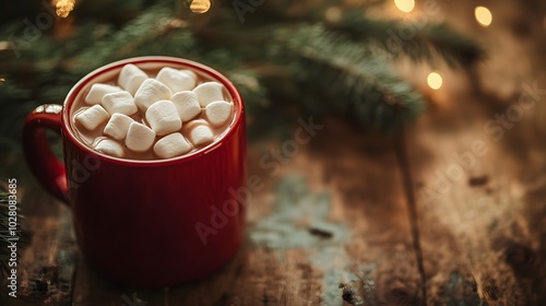 Red Mug of Hot Chocolate with Marshmallows on Wooden Table