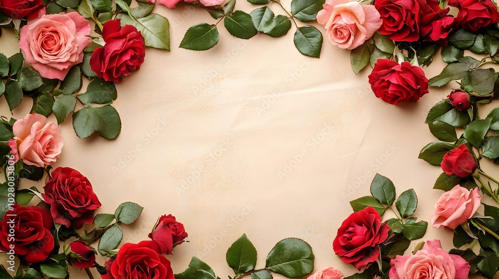 Red and Pink Roses Framing a Beige Background Red and Pink Roses Framing a Beige Background