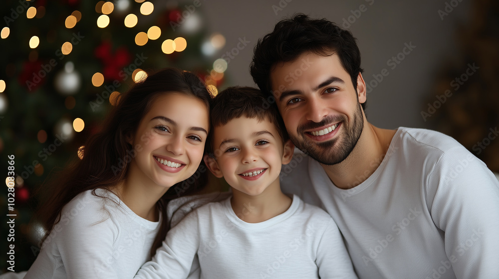 Happy family portrait with smiling couple and their son, celebrating together in cozy setting with Christmas tree in background. warm atmosphere radiates joy and love. Happy family portrait with smiling couple and their son, celebrating together in cozy setting with Christmas tree in background. warm atmosphere radiates joy and love.