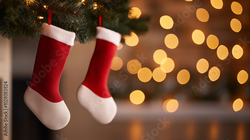 Cozy red Christmas stockings hang from festive tree, surrounded by warm, glowing lights that create cheerful holiday atmosphere.