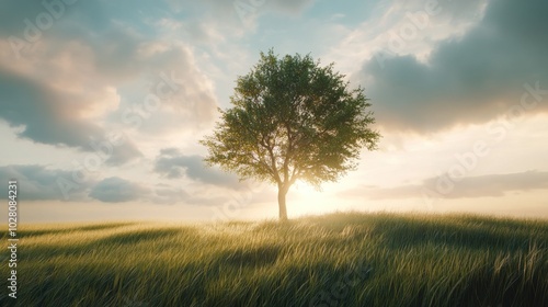 Lone Tree in a Field at Sunset