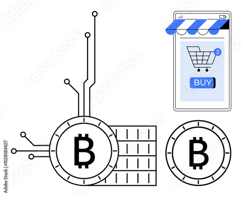 Bitcoin symbols with digital circuits beside a smartphone displaying a shopping cart icon and a buy button. Ideal for e-commerce, cryptocurrency, digital finance, online shopping, digital trading