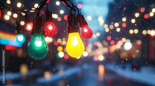 Christmas lights in red, green, yellow, and blue, glowing with vibrant holographic energy, high-tech reflections in metallic surfaces, Cyberpunk, Neon, 3D Render